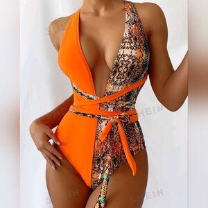 Snakeskin Print One piece plunging swimsuit